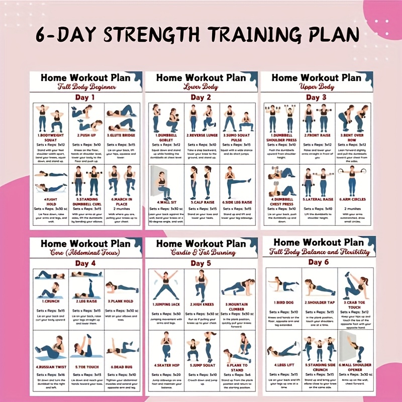 Workout Plan Home Gym - 6 stuks fitness-wandkaarten voor thuisgebruik, fitnessplanningskaarten
